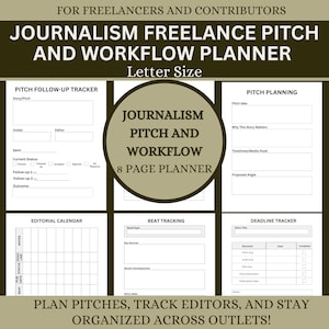 May include: A journalism freelance pitch and workflow planner, letter size, with sections for pitch follow-up, planning, editorial calendar, beat tracking, and deadline tracking. The text reads: "Plan pitches, track editors, and stay organised across outlets!"