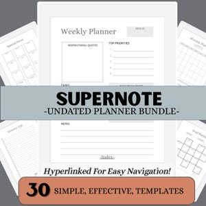 Può includere: Un pacchetto di pianificatore digitale con sfondo bianco. Il pianificatore include modelli per la pianificazione settimanale, date speciali, liste della spesa e definizione degli obiettivi. Il testo sull'immagine recita "SUPERNOTE - UNDATED PLANNER BUNDLE - 30 SIMPLE, EFFECTIVE, TEMPLATES."