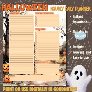 May include: Halloween-themed hourly daily planner with schedule, to-do list, and bonus tasks sections. The planner features a watercolor background with pumpkins and a ghost graphic. Text includes "Instant Download" and "Print or Use Digitally in GoodNotes!"