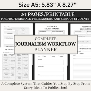 Könnte beinhalten: Druckbarer Journalismus-Workflow-Planer im A5-Format mit 20 Seiten. Enthält Abschnitte für Story-Titel, Recherche, Quellenverfolgung und Faktenprüfung. Der Planer misst 14,8 cm x 21 cm und ist für Profis, Freiberufler und Studenten konzipiert.
