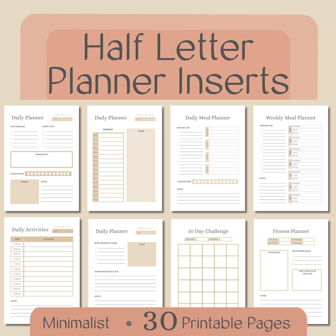 Half Letter Planner Insert, Daily Planner, Personal Planner Inserts ...