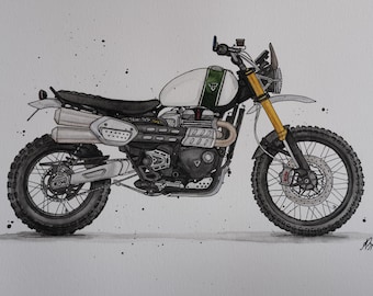 Print of Triumph Scrambler 1200 XE Watercolor & Ink drawing