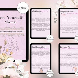Puede incluir: Diario digital de amor propio para madres, titulado "Love Yourself, Mama". La imagen muestra una tableta con la portada del diario, con texto y una ilustraci&oacute;n de una madre y un ni&ntilde;o. Pantallas adicionales muestran indicaciones del diario.