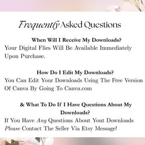 Puede incluir: Una tarjeta blanca con el t&iacute;tulo "Frequently Asked Questions" en escritura elegante. El texto proporciona informaci&oacute;n sobre descargas digitales, incluida la disponibilidad, las instrucciones de edici&oacute;n con Canva y la informaci&oacute;n de contacto para preguntas a trav&eacute;s del mensaje de Etsy.