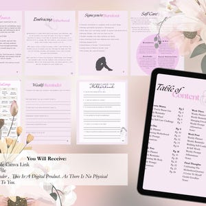 Puede incluir: Un planificador digital en rosa suave, con p&aacute;ginas tituladas "Welcome Mama" y "Self Care". Una tableta muestra una tabla de contenidos. Las palabras "You Will Receive" tambi&eacute;n son visibles.