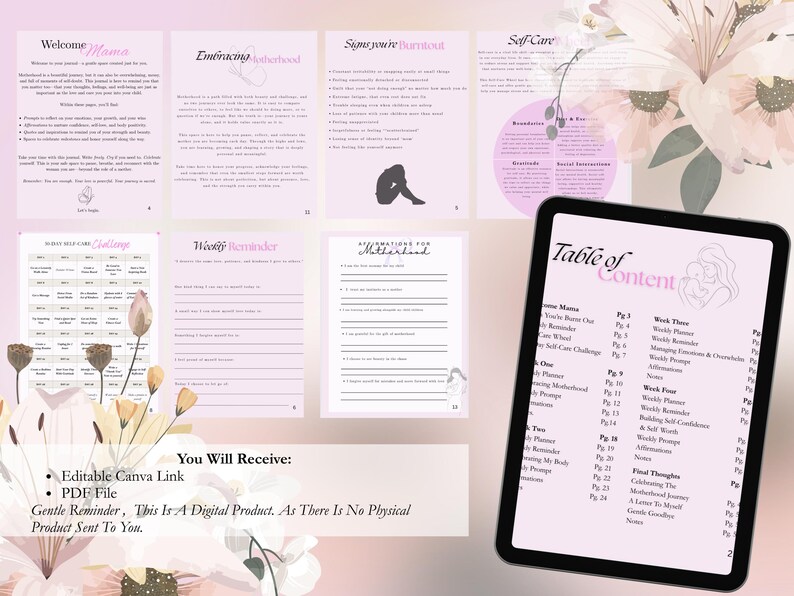 Puede incluir: Un planificador digital en rosa suave, con p&aacute;ginas tituladas "Welcome Mama" y "Self Care". Una tableta muestra una tabla de contenidos. Las palabras "You Will Receive" tambi&eacute;n son visibles.