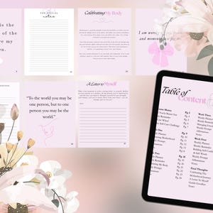 Puede incluir: Un planificador digital con p&aacute;ginas rosas y detalles florales. El planificador incluye p&aacute;ginas para notas, reflexiones y autocuidado. Una tableta muestra la tabla de contenidos. El texto incluye frases como "Celebrando mi cuerpo" y "Una carta para m&iacute;."