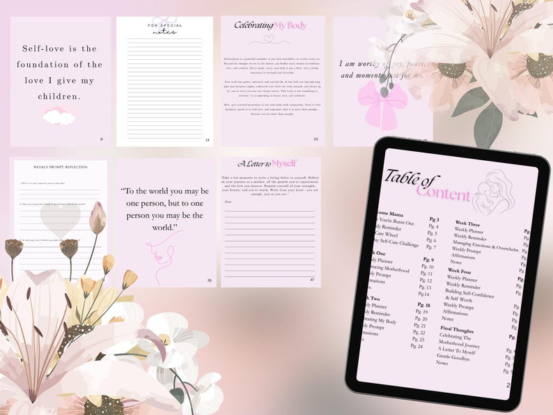 Puede incluir: Un planificador digital con p&aacute;ginas rosas y detalles florales. El planificador incluye p&aacute;ginas para notas, reflexiones y autocuidado. Una tableta muestra la tabla de contenidos. El texto incluye frases como "Celebrando mi cuerpo" y "Una carta para m&iacute;."