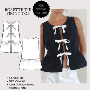 Rosette Tie Front Top PDF Sewing Pattern | Peplum Summer Blouse | Sleeveless Bow Top Pattern | Beginner Friendly PDF Pattern |XXS-5XL|