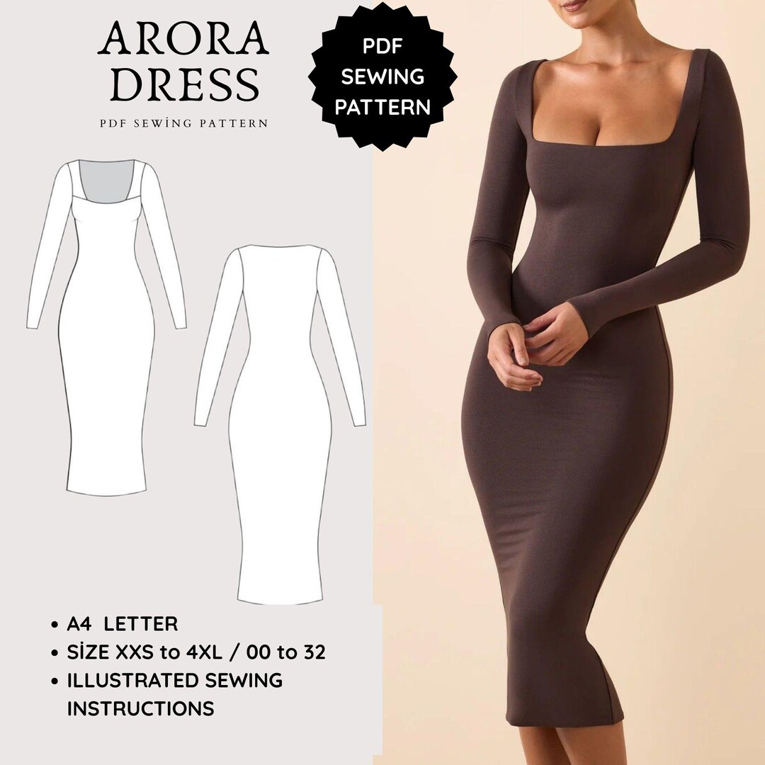 Arora Dress PDF Sewing Pattern | Bodycon Knit Dress | Long Sleeve Midi ...
