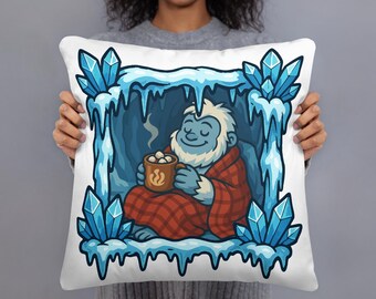 Gemütliches Yeti-Winterkissen | Niedliches Fantasie-Dekokissen | Hygge-Winterdeko | Yeti-Kissen mit Kakao-Motiv