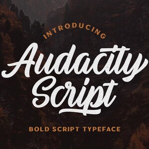 Può includere: Un design grafico con le parole "INTRODUCING Audacity Script" in bianco, in grassetto e in corsivo. Sotto, il testo "BOLD SCRIPT TYPEFACE" è in un carattere più piccolo, senza grazie. Lo sfondo è un'immagine sfocata di un paesaggio montano.