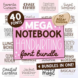 Mega Notebook Handwriting Bundle Fonts | 40 Cursive & Script Fonts for Digital Planners, GoodNotes, Creative Journals, Feminine Whimsy