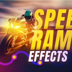Könnte beinhalten: Digitalgrafik mit einem Motorrad in Bewegung und dem Text "SPEED RAMP EFFECTS" in großen gelben Buchstaben. Der Hintergrund ist verschwommen, was Geschwindigkeit suggeriert. Ein Logo befindet sich oben links.
