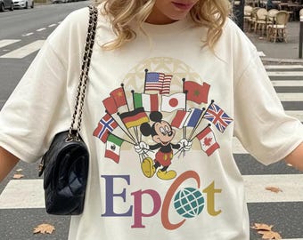 Koszulka Disney Epcot, koszulka z Myszką Miki i flagami narodów w stylu vintage z lat 90., koszulka Disney World Tour, koszulka Disneyland Family Vacation 2026
