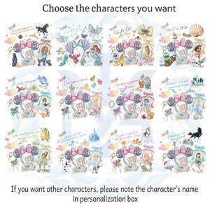 May include: A sheet of stickers featuring various Disney princess characters and related icons. Each design includes a Minnie Mouse ear bow, a princess image, and associated elements like a glass slipper or a seashell. Text at the top reads "Choose the characters you want."
