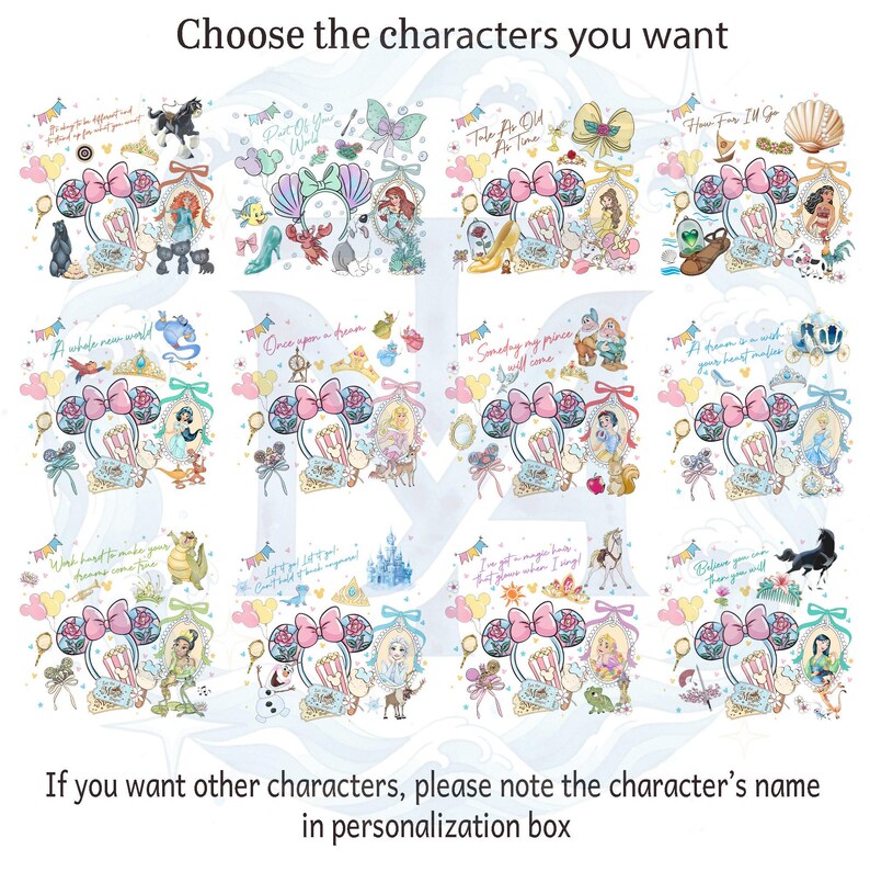 May include: A sheet of stickers featuring various Disney princess characters and related icons. Each design includes a Minnie Mouse ear bow, a princess image, and associated elements like a glass slipper or a seashell. Text at the top reads "Choose the characters you want."
