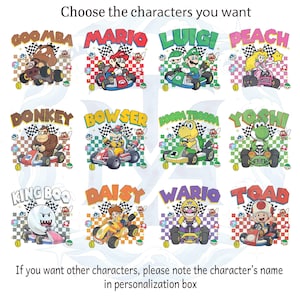 May include: A grid of twelve colorful illustrations featuring Mario Kart characters including Goomba, Mario, Luigi, Peach, Donkey Kong, Bowser, Koopa Troopa, Yoshi, King Boo, Daisy, Wario, and Toad, each driving a go-kart with checkered flag backgrounds.