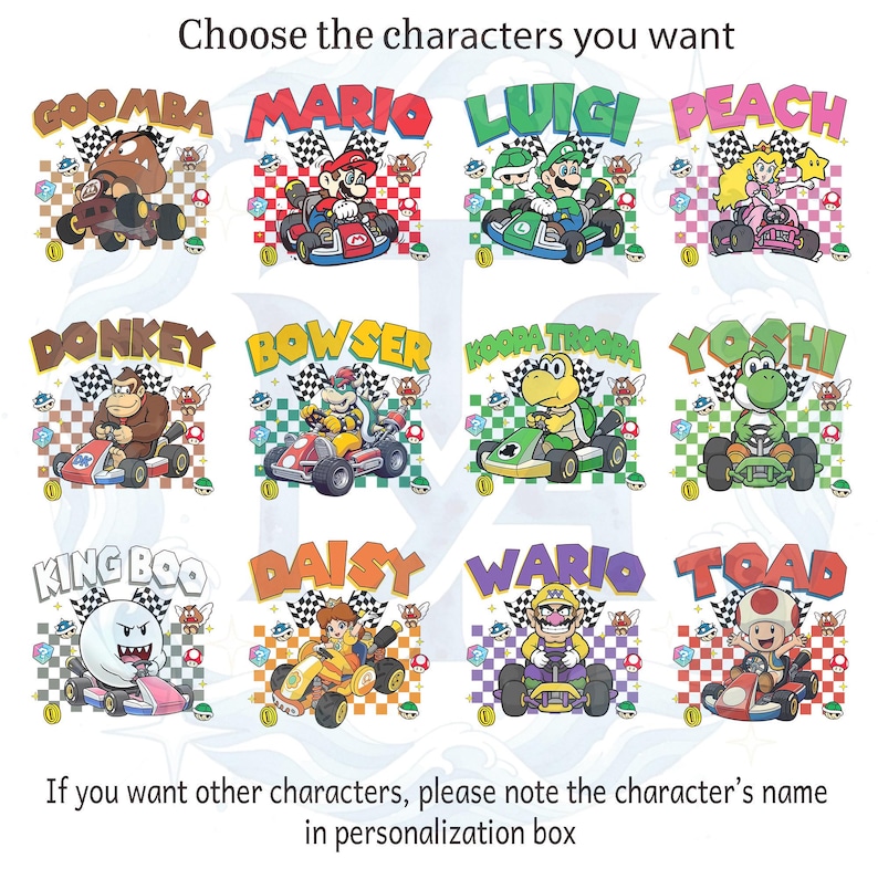 May include: A grid of twelve colorful illustrations featuring Mario Kart characters including Goomba, Mario, Luigi, Peach, Donkey Kong, Bowser, Koopa Troopa, Yoshi, King Boo, Daisy, Wario, and Toad, each driving a go-kart with checkered flag backgrounds.