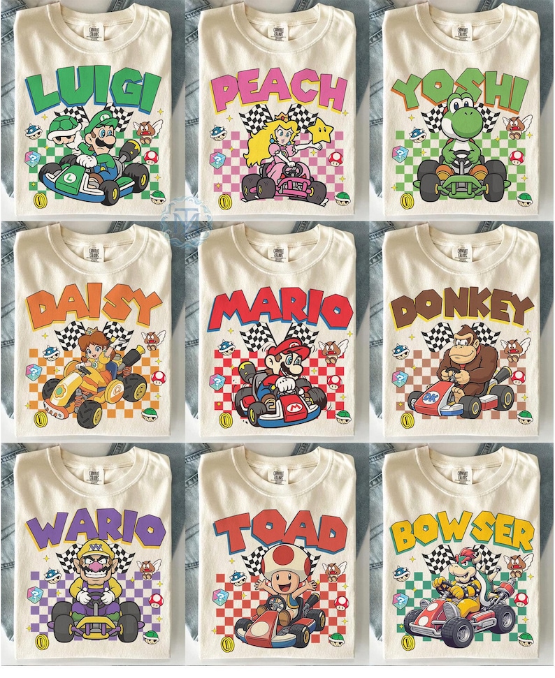 May include: A collection of nine off-white t-shirts, each featuring a different character from a racing video game driving a go-kart. Characters include Luigi, Peach, Yoshi, Daisy, Mario, Donkey Kong, Wario, Toad, and Bowser, all set against a checkered background with various game icons.