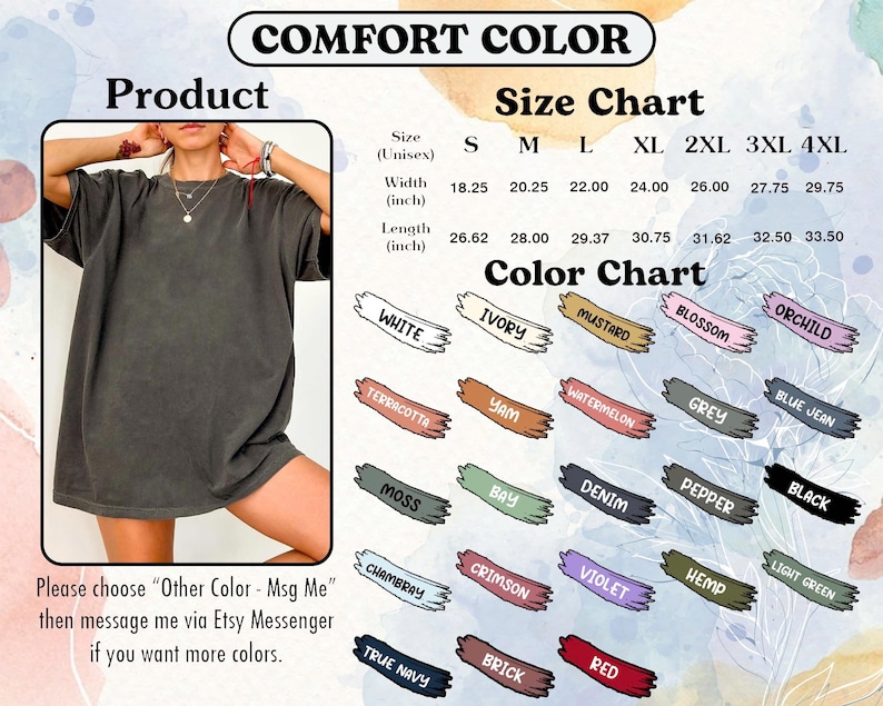 以下が含まれることがあります： ダークグレーのComfort ColorユニセックスTシャツが表示され、サイズチャートとカラーオプションがあります。 サイズチャートには、幅46.35 cmから75.57 cm、長さ67.62 cmから85.09 cmが記載されています。 カラーオプションには、白、アイボリー、マスタードなどがあります。