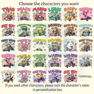 May include: A grid of thirty-one cartoon characters in go-karts, each with a checkered flag and name text above. Characters include Mario, Luigi, Peach, Bowser, and others. Text reads: Choose the characters you want, Updating..., and personalization box.