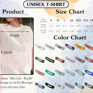 May include: A unisex t-shirt product image with a size and color chart. The size chart shows measurements in inches, ranging from S to 5XL. The color chart displays various options, including white, natural, sand, and red.