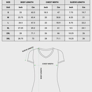 May include: A size chart for a relaxed jersey V-neck tee, Bella Canvas 6405, featuring a table with body length, chest width, and sleeve length in inches and cm for sizes S to 3XL, alongside a line drawing of a t-shirt with measurement indicators.