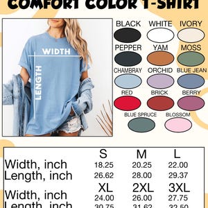May include: A blue t-shirt shown with a color chart and a size guide. The chart lists colors including black, white, ivory, pepper, yam, moss, chambray, orchid, blue jean, red, brick, berry, blue spruce, and blossom. A table provides width and length in inches.