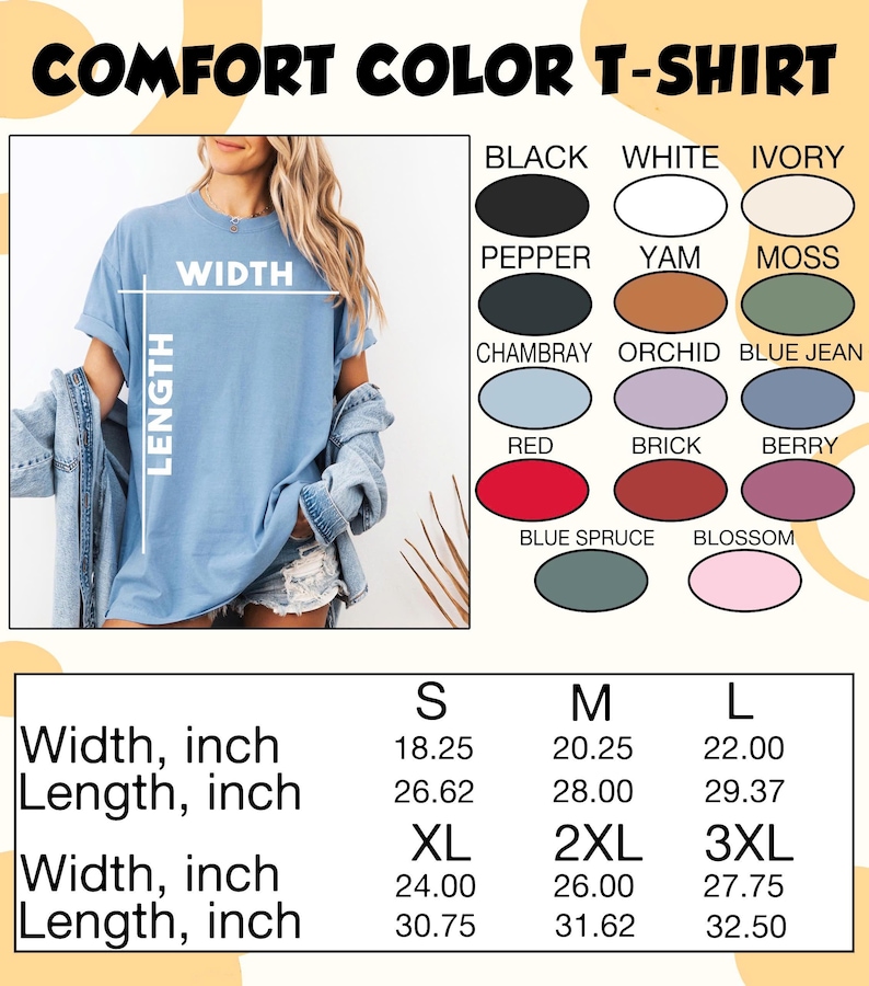 May include: A blue t-shirt shown with a color chart and a size guide. The chart lists colors including black, white, ivory, pepper, yam, moss, chambray, orchid, blue jean, red, brick, berry, blue spruce, and blossom. A table provides width and length in inches.