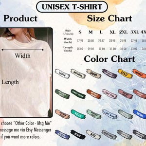 May include: A product image featuring a unisex t-shirt with a size and color chart. The size chart lists measurements in inches for sizes S through 5XL. The color chart displays various color options, including white, natural, sand, and red.