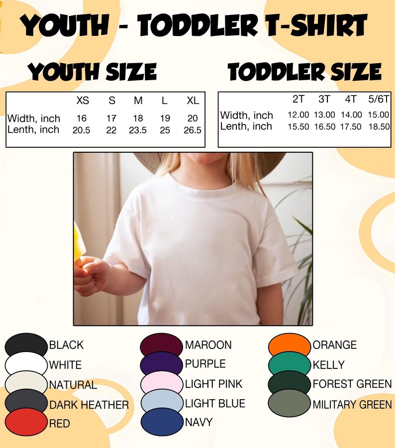 Puede incluir: Una camiseta blanca para j&oacute;venes y ni&ntilde;os peque&ntilde;os. La imagen incluye tablas de tallas para j&oacute;venes y ni&ntilde;os peque&ntilde;os, con medidas en pulgadas. Los colores disponibles son negro, blanco, natural, gris oscuro, rojo, granate, morado, rosa claro, azul claro, marino, naranja, kelly, verde bosque y verde militar.
