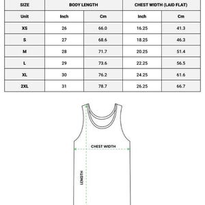 May include: A size chart for the Unisex Jersey Tank BC3480, featuring a table with body length and chest width measurements in inches and centimeters for sizes XS through 2XL, accompanied by a line drawing of a tank top with dimension indicators.