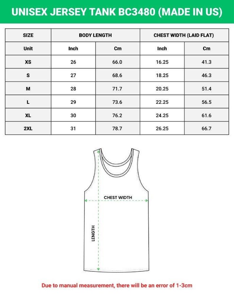 May include: A size chart for the Unisex Jersey Tank BC3480, featuring a table with body length and chest width measurements in inches and centimeters for sizes XS through 2XL, accompanied by a line drawing of a tank top with dimension indicators.