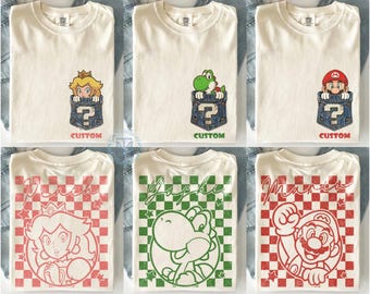 Camiseta retro a cuadros de Super Mario de doble cara, camiseta a juego para viajes familiares de Nintendo World, regalo de cumpleaños de Super Mario