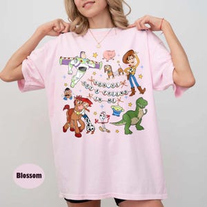 May include: A pale pink t-shirt with a vibrant graphic of animated characters and the text "YOU'VE GOT A FRIEND IN ME". The design includes a space ranger, a cowboy, a dinosaur, and other characters.