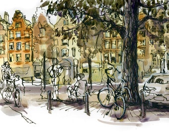 Amsterdam, Niederlande, Grachtenhäuser und Fahrräder - archivierter Kunstdruck von einer Original-Aquarell-Skizze