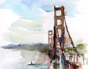 San Francisco Golden Gate Bridge, California : print of a watercolor sketch