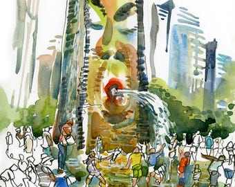 Chicago, Crown Fountain at Millenium Park, print of a watercolor sketch, fine art print