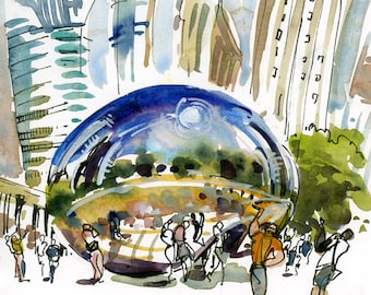 Chicago, The Bean, Cloud Gate, Chicago Art, Chicago Print , chicago skyline, watercolor, watercolor print, sketch, urban sketch, sculpture