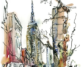 New York sketch  Empire State, New York City Art Print from a watercolor sketch archival print