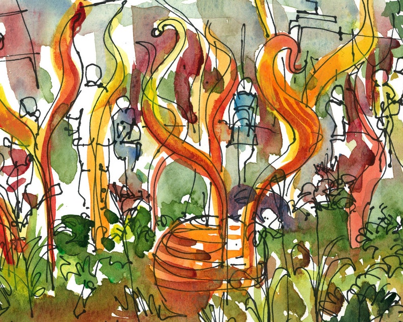 Chihuly in Seattle, watercolor sketch of glass sculpture fine art print in vibrant reds and oranges image 2