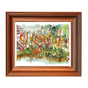 Chihuly in Seattle, watercolor sketch of glass sculpture fine art print in vibrant reds and oranges image 3