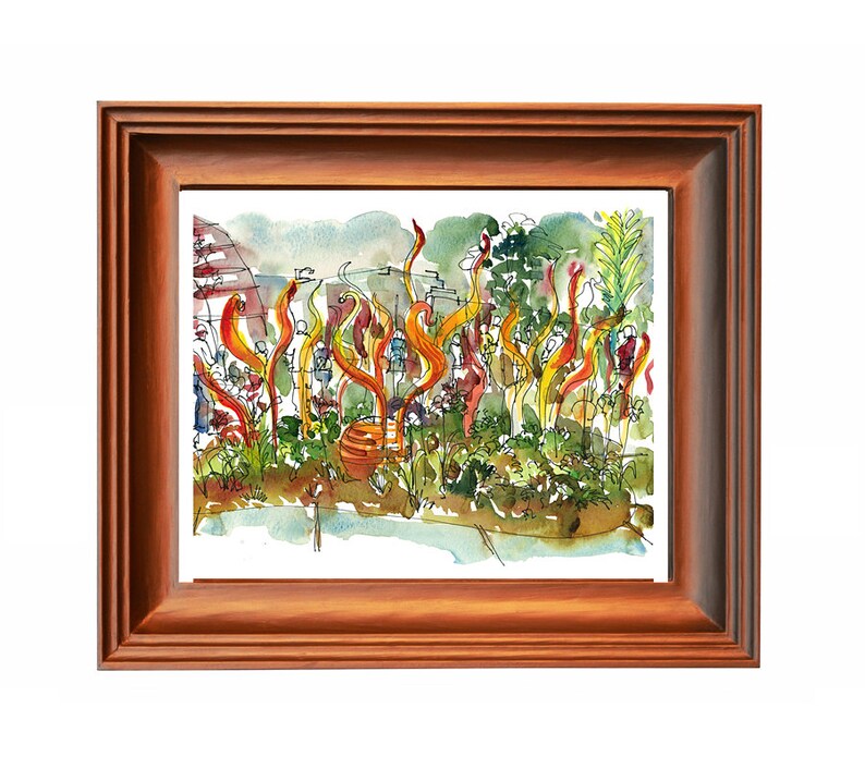 Chihuly in Seattle, watercolor sketch of glass sculpture fine art print in vibrant reds and oranges image 3