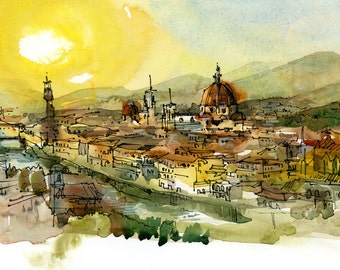 Florence, Italy at Sunset - archival fine art print from an original watercolor sketch
