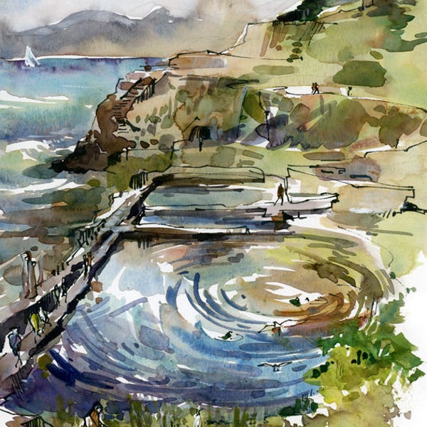 San Francisco Sutro Baths at Lands End, print of a watercolor sketch, fine art print