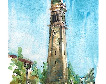 Graduation gift, UC Berkeley Campanile, Sather Tower Clock tower fine art print of a watercolor sketch