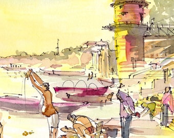 India sketch Varanasi Morning light on the River, watercolor sketch in yellow