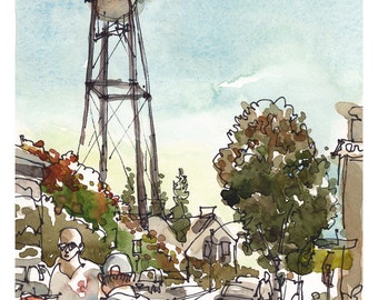 Campbell Water Tower, California, Watercolor sketch painting, fine art print