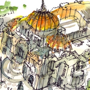 Art Deco Building gold dome, Mexico City, watercolor sketch gift for traveler print in gold, green and grey image 1